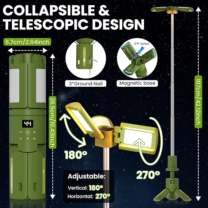 Rechargeable Telescoping Stand LED Camping Lantern & Work Light 15000mAh SOS & RGB Modes, Magnetic Base for Power Outages, Outdoor Adventures & Vehicle Maintenance