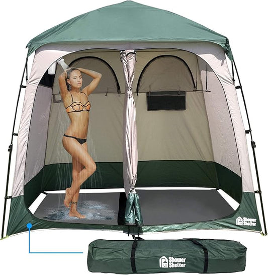 EasyGo Product Shower Shelter – Giant Portable Outdoor Pop UP Camping Shower Tent Enclosure – Changing Room – 2 Rooms – Instant Tent – 7.5' Tall x 4' Deep x 7.5' Wide, Green