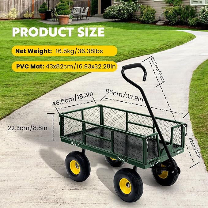 Steel Garden Cart, 2-in-1 Heavy Duty Utility Wagon 500 LBS Capacity Carts with Removable Mesh Sides to Convert into Flatbed, 240° U-Turn 10" Pneumatic Tires Garden Wagon for Lawn Camping Farm Yard