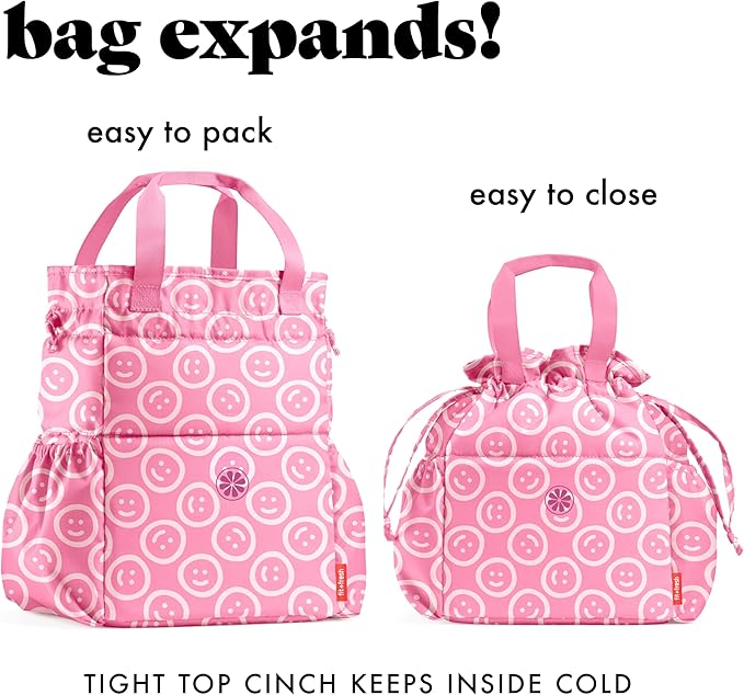 Fit & Fresh Lunch Bag For Women, Insulated Womens Lunch Bag For Work, Stain-Resistant Large Lunch Box For Women With Containers, Cinch Closure Cromwell Bag, All Smiles Fuchsia