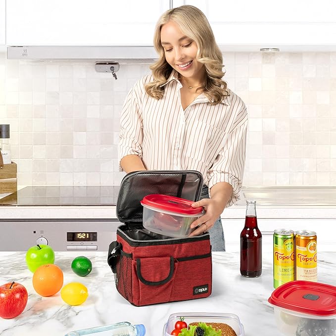 opux Insulated Lunch Bag for Men Women, Leakproof Heather Red Lunch Box for Work, Portable Soft Lunch Cooler Bag with Shoulder Strap, Adult Lunchbox Lunch Pail for Kid Boy Girl School, 14 Can/8L