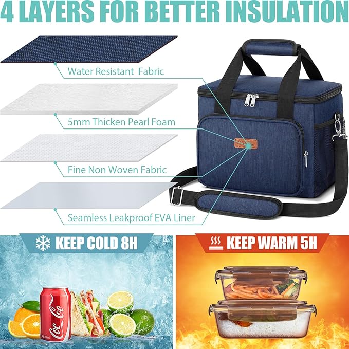 Insulated Lunch Bag for Women/Men - Reusable Lunch Box for Office Work School Picnic Beach - Leakproof Cooler Tote Bag Freezable Lunch Bag with Adjustable Shoulder Strap for Kids/Adult - Navy Blue