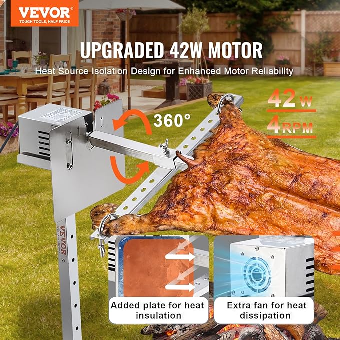 VEVOR Electric BBQ Rotisserie Grill Kit, 46 Inch 90 lbs Capacity, Automatic 42W Motor Height Adjustable Universal Roaster Stand, Stainless Steel Grilling Kit, Spit Rod with Heat Shield for Pig Lamb