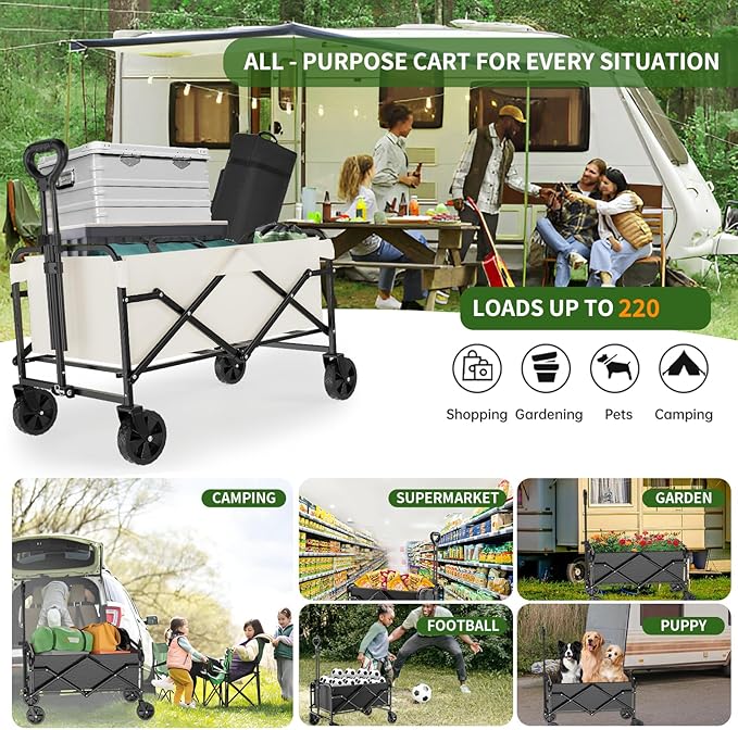 Collapsible Wagon Cart with 5" Removable 360° Swivel Wheels & Adjustable Handle, 220lbs Load Capacity, Dual Detachable Oxford Covers (White+Black)， MDF Base, All-Terrain Portable Utility Cart