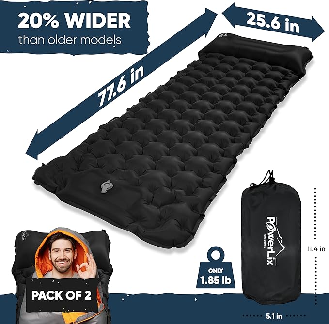 POWERLIX Camping Sleeping Pad 2 Pack, Foot Pump Sleeping Pad with Built in Pillow, Inflatable Camping Mat, Lightweight Compact Air Mattress Pad for Backpacking Hiking Travelling
