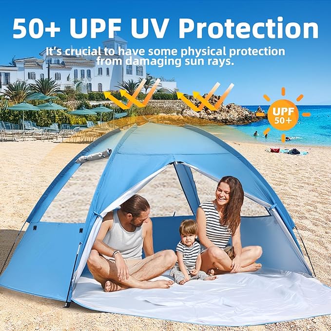 COVACURE Beach Tent Sun Shelter for 3-4 Person - UPF 50+ UV Protection Beach Shade, Waterproof & Lightweight, Easy Setup Portable Sun Canopy for Camping, Fishing, Beach
