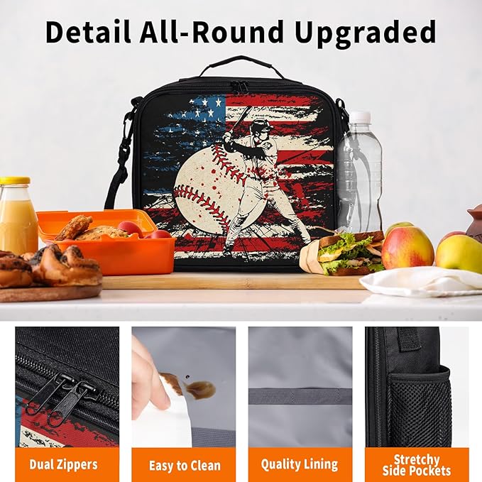 American Flag Baseball Pattern Lunch Bag Sport Baseball Lunch Boxes for Women/Man Office Work Travel School Work Picnic Durable Reusable Insulated Large Lunch Tote Bag with Adjustable Shoulder Strap