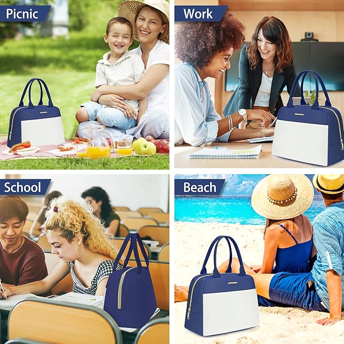 LOKASS Lunch Bag for Women-Insulated Adults Lunch Box with Front Pocket- Small Cute Lunch Tote for Work-Reusable Cooler Bag for Office Picnic Beach or Travel（Dark Blue）