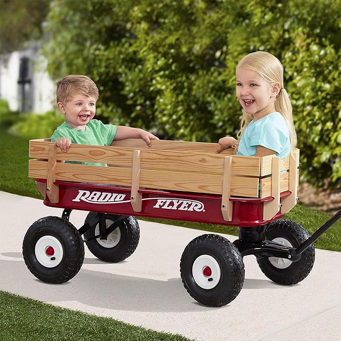 Radio Flyer Pull Along Kids Wagon with Foldable Handle and Wooden Stake Sides, Red - Heavy Duty Outdoor Cart and Carrier with Wheels for Children