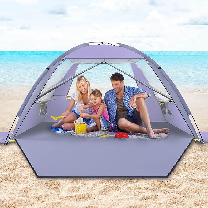 Happy Travel Beach Tent, UPF 50+ UV Protection Sun Shade Shelter for 3/4/5/6/7/8 Person, Portable Beach Canopy for Family & Baby, Lightweight & Easy Setup Beach Cabana with 3 Ventilation Mesh Windows