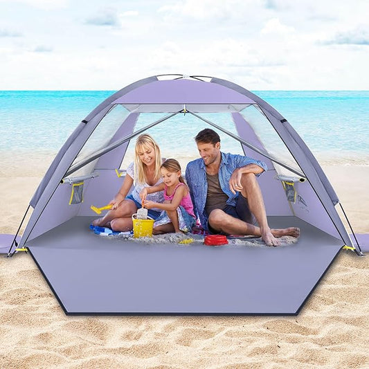 Happy Travel Beach Tent, UPF 50+ UV Protection Sun Shade Shelter for 3/4/5/6/7/8 Person, Portable Beach Canopy for Family & Baby, Lightweight & Easy Setup Beach Cabana with 3 Ventilation Mesh Windows