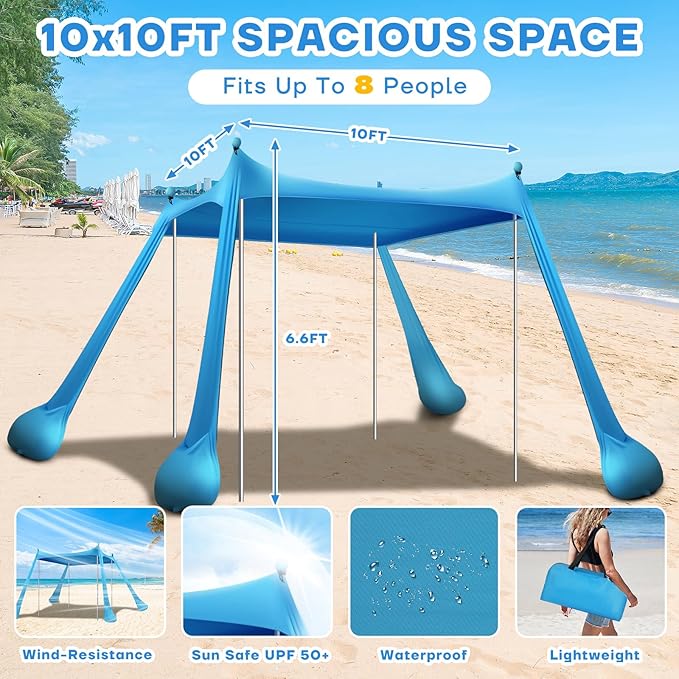 Beach Tent Canopy UPF50+ Protection, 10x10FT Beach Shade Sun Shelter Pop Up with 4 Stability Poles, Sandbags, Sand Shovels, Ground Pegs, Carrying Bag for Outdoor Family Camping Fishing Picnics