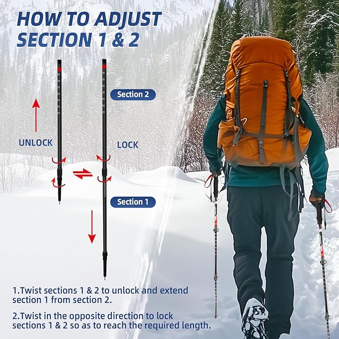 Lightweight Collapsible Trekking Poles for Hiking – 2 Pack Adjustable Hiking Poles, Aluminum Walking Sticks for Skiing, Nordic Walking, Retractable Walking Sticks for Seniors, Women, Men