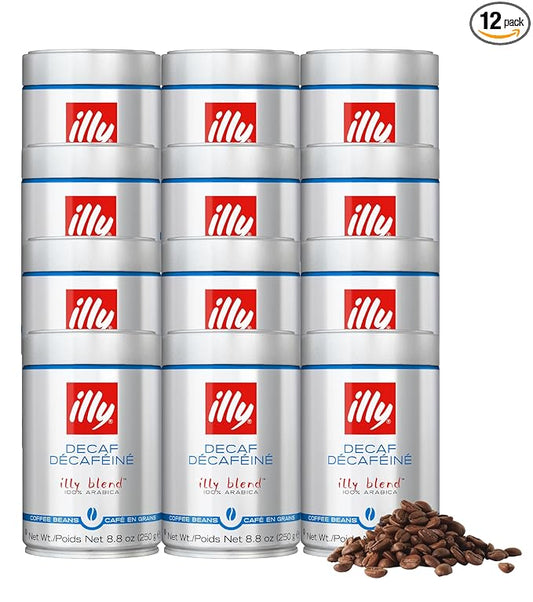 Illy Whole Bean Coffee, Decaffeinated - Medium Roast - Mild & Balanced - 100% Arabica - Whole Beans - Pressurized Packaging Sealed for Freshness - 8.8oz can (Pack of 12)