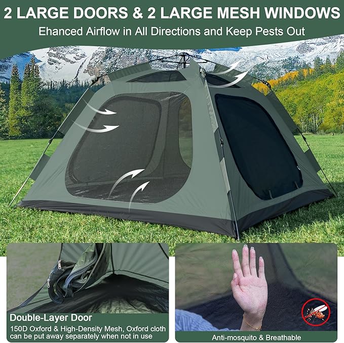 3-4 Person Tents for Camping, Instant Pop-Up Family Tent with Vestibule & Mesh Windows, Portable Lightweight Cabin Tent with Rainfly, Windproof & Waterproof, Easy Setup for Outdoor Hiking Travel