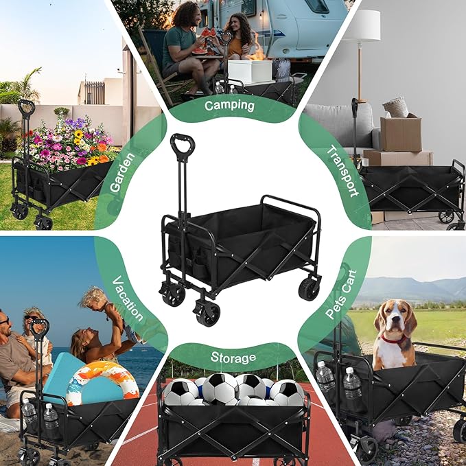 Wagons Carts Foldable, 330LBS Beach Wagon Collapsible with All-Terrain Wheels Portable Utility Folding Cart for Beach/Grocery/Garden/Fishing/Camping/Shopping/Outdoor/Travel, Black