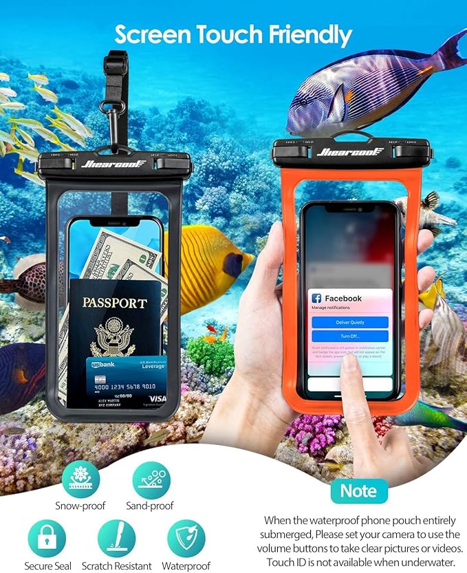Hiearcool Waterproof Phone Pouch, Waterproof Phone Case, Waterproof Cellphone Pouch Under Water Beach Accessories for iPhone -Black&Orange -2Pack