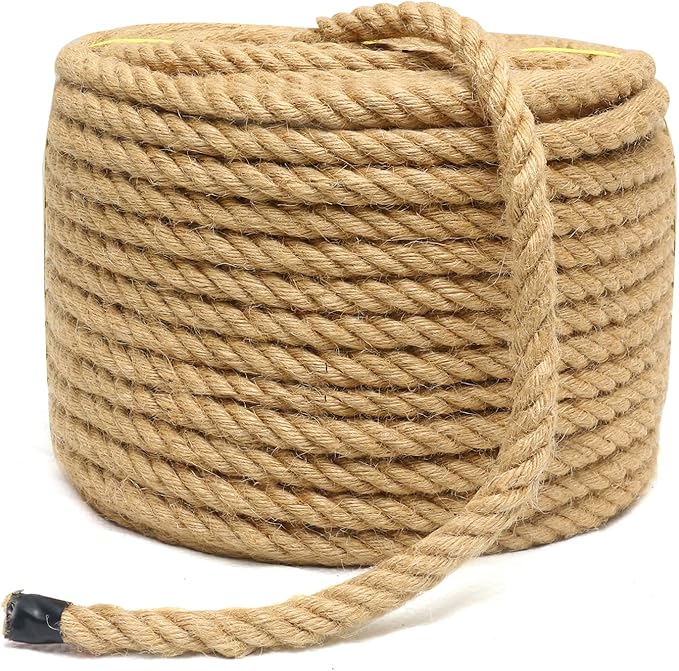 Jute Rope 1/2 Inch 50 Feet, Heavy Duty Rope, Twisted Natural Hemp for Tug of War, Swing, Crafts, Gardening, Home Decor, Railings, Hammock Use