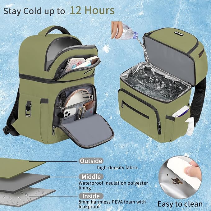 Cooler Backpack,Insulated Backpack Cooler Leakproof Double Deck Cooler Bag for Men Women RFID Lunch Backpack