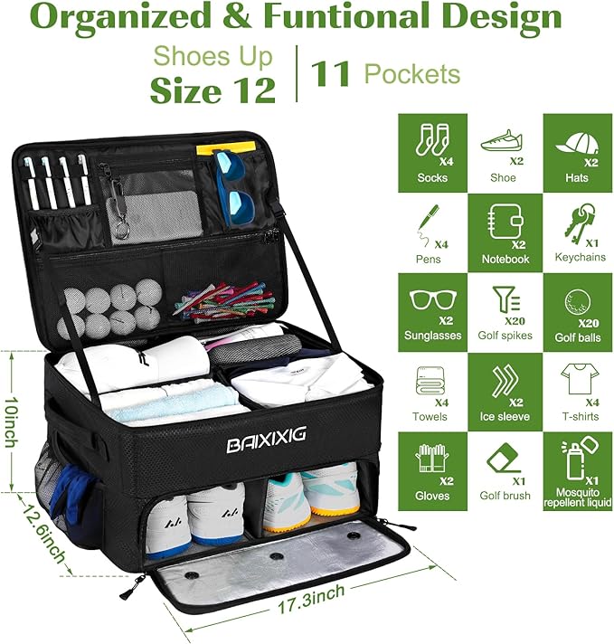 Golf Trunk Organizer, 2 Layer Waterproof Car Golf Locker with Separate Ventilated Compartment for 2 Pair Shoes, Golf Trunk Storage for Golf Accessories, Golf Gifts for Men