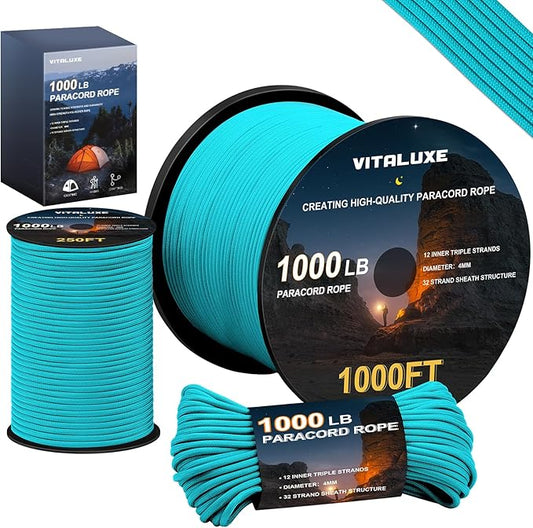 1000lb Paracord Rope, 4mm 12 Triple Strands Paracord, Heavy Duty Tactical Parachute Cord for Survival Gear, Camping, Hiking, and Ideal for Bracelets, Lanyards, Type III