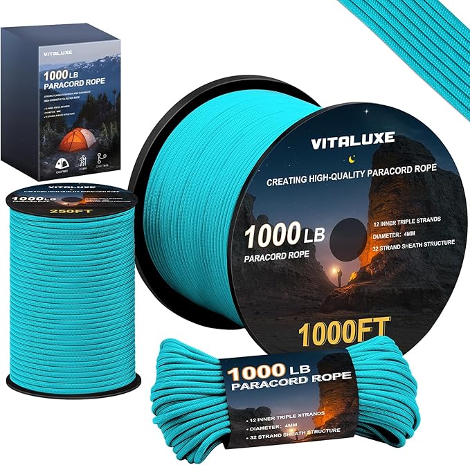 1000lb Paracord Rope, 4mm 12 Triple Strands Paracord, Heavy Duty Tactical Parachute Cord for Survival Gear, Camping, Hiking, and Ideal for Bracelets, Lanyards, Type III