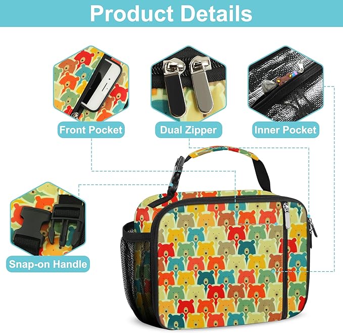 esouler Lunch Box Kids Insulated Lunch Bag for Boys & Girls Durable Children Lunchbox for School with Water Bottle Holder-Bear