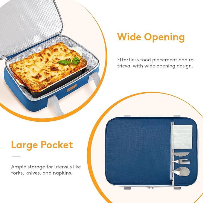 Double Decker Insulated Casserole Carrier for Hot or Cold Food, Lasagna Lugger Tote for Potluck Parties/Picnic/Cookouts, Fits 9"×13" Baking Dish, Pure Blue
