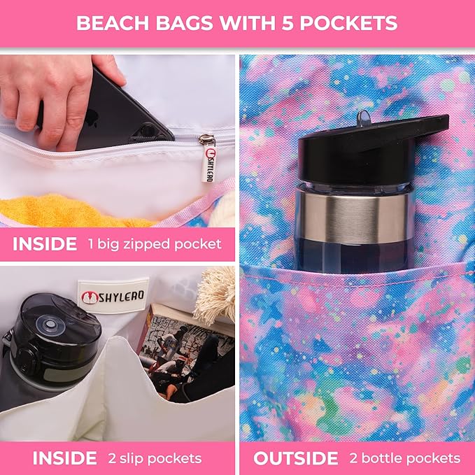 SHYLERO Beach Bag and Pool Bag. Has Airtight Pouch, Ton of Pockets. Beach Tote is Zippered, Water Resistant. Family Size