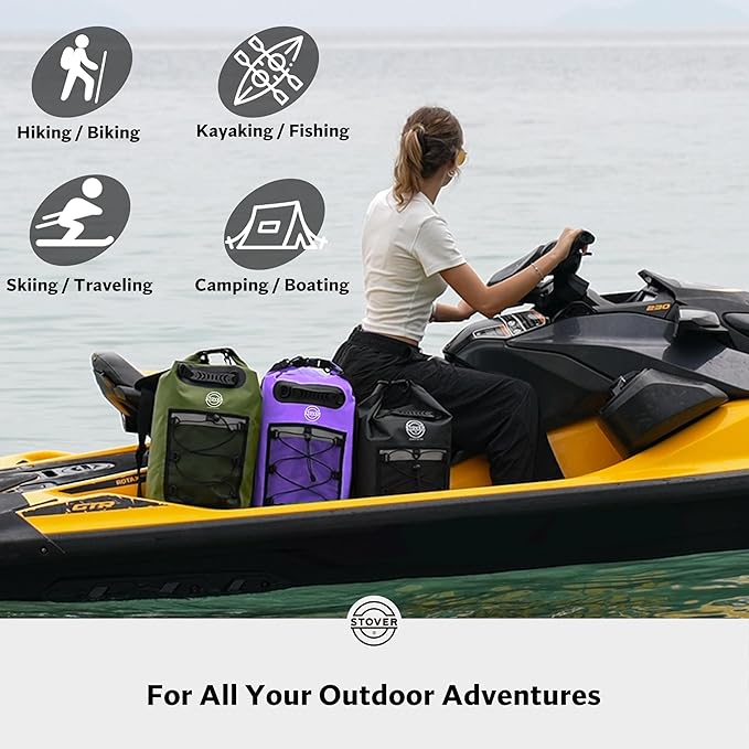 STOVER 5/10/25/30/40/55L Waterproof Dry Backpack & Phone Case- Medium Floating Dry Bag for Kayaking, Travel, Hiking, Fishing, Camping, Motorcycles & Beach, Heavy-Duty Roll Top Men/Women (Purple)