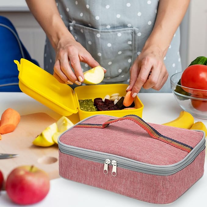 PATIKIL 11"x8"x3" Insulated Lunch Bags, Portable Food Containers Bag Flat Bento Bags Reusable Thermal Lunch Pail for Men and Women, Pink