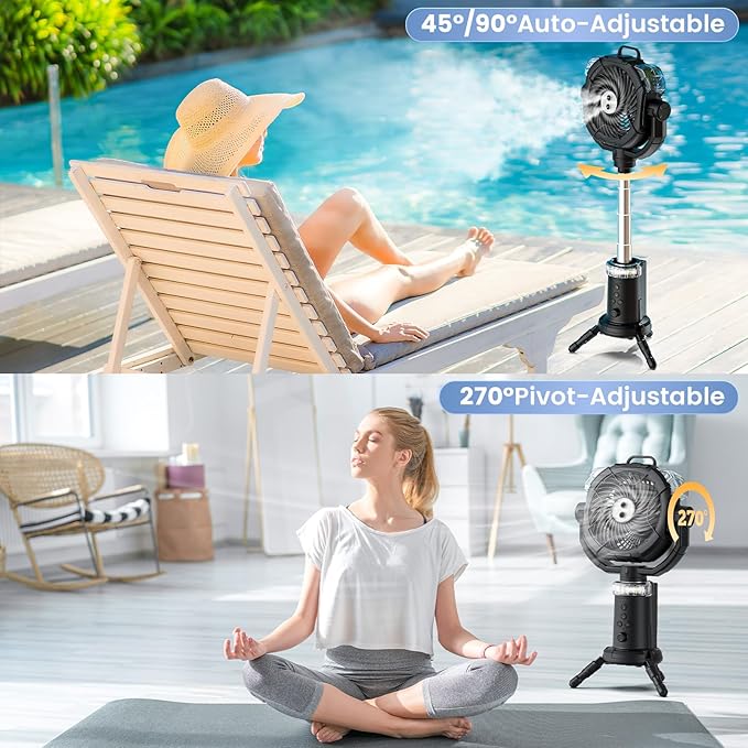 Camping Fan Rechargeable 330ml Portable Misting Fan 20000mah Battery Powered With Led Light Height Adjustable Remote Hook Oscillating Floor Outdoor Fan For Camping Patios, 2 Spray Mister, Black