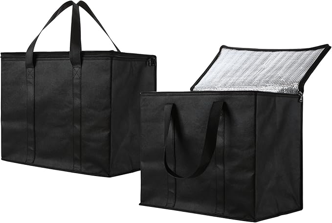 NZ home Insulated Cooler Bag and Food Warmer (XL Plus, 2 Pack) for Delivery & Grocery Shopping with Zippered Top, Black