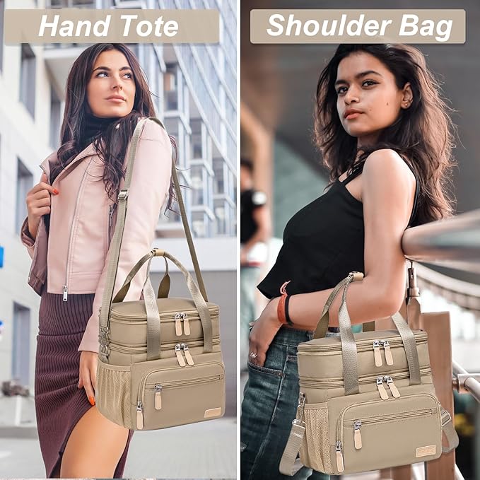 Weitars Insulated Lunch Box for Women Men-Dual Compartment Waterproof Reusable Large Lunch Bag Wide-Open Tote Cooler Bag for Working Picnic Hiking (15L) (Kahki)