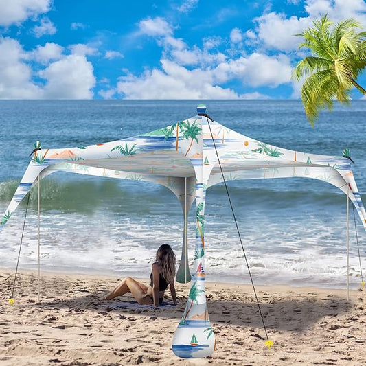 Buheco Beach Tent Pop Up Shade 10x10ft Beach Canopy Sun Shelter UPF50+ with 4 Foldable Poles-Portable Carrying Bag-Sand Shovel-Ground Pegs-Windproof Ropes for Outdoor Family Camping-Fishing- Picnic