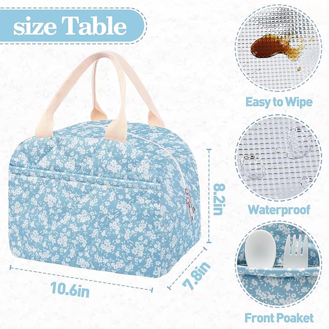 Cotton Quilted Insulated Lunch Bag, Cute Quilted Floral Lunch Tote Bags Reusable Insulated Lunch Box Coquette Aesthetic Large Capacity Insulated Cooler for Women Men Work Travel Picnic (Light Blue)