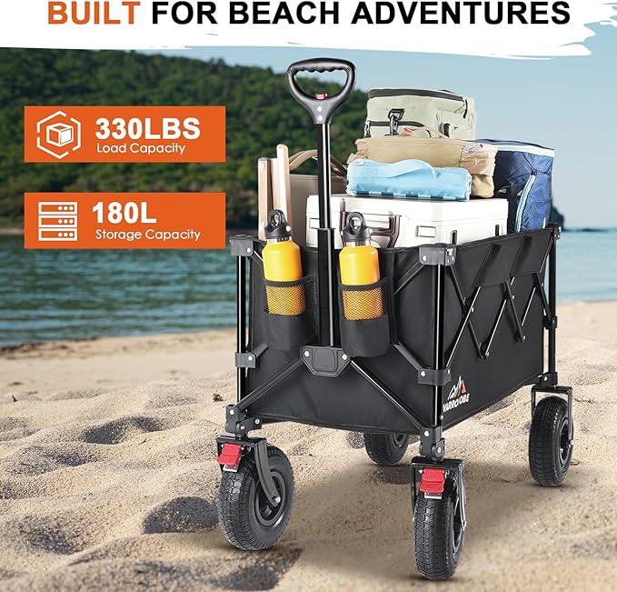 Big Rubber Wheels Beach Wagon Cart Foldable, 9x3 All-Terrain Wheels, Heavy Duty Collapsible Utility Wagon with 330lbs Capacity, Compact Storage, Easy Transport for Sand Camping Sports, Black