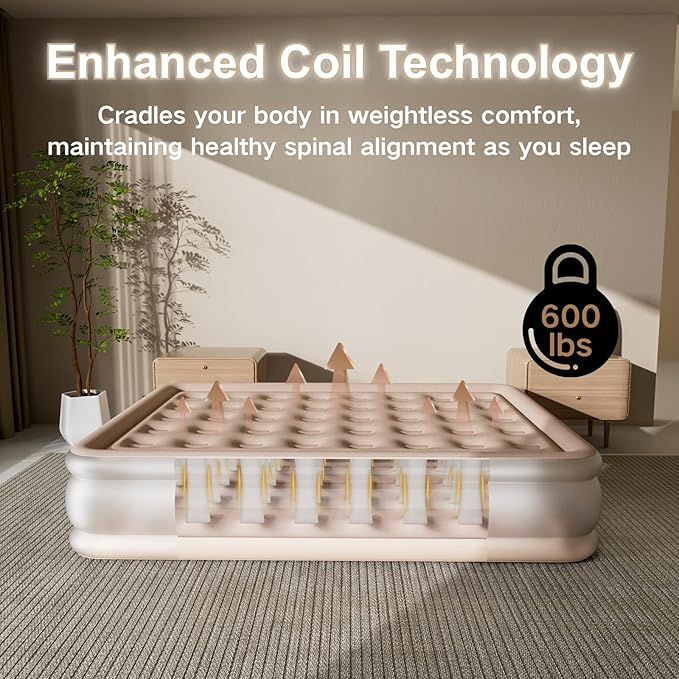 Semi-Frosted Khaki 16in Full Air Mattress with USB Pump, 600lbs Capacity-Quick Inflation, Non-Leak, Portable Foldable, Ultra-Soft Khaki Velvet Top for Camping & Guest Bed