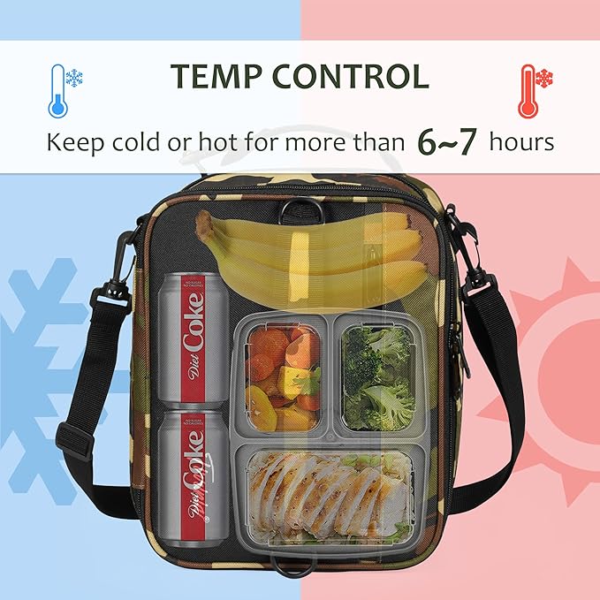 Tirrinia Expandable Insulated Lunch Bag, Leakproof Flat Lunch Cooler Tote with Shoulder Strap for Men and Women, Suitable for Work & Office, Camo
