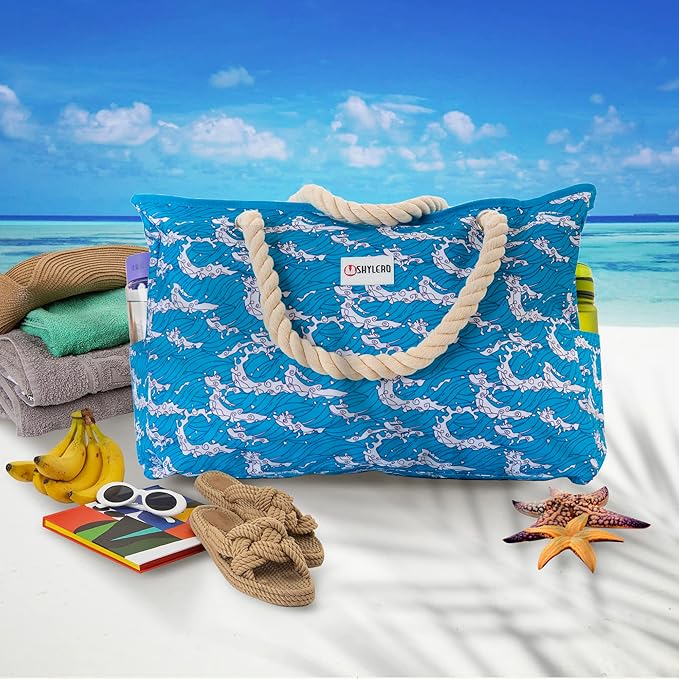 SHYLERO Beach Bag and Pool Bag. Has Airtight Pouch, Ton of Pockets. Beach Tote is Zippered, Water Resistant. Family Size