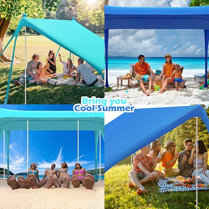 Beach Tent Sun Shelter UPF 50+ Beach Shade Canopy Pop up Tent Portable Cabana Outdoor with Aluminum Poles Sandbags Sand Shovel for Camping Fishing Trip Picnic Party