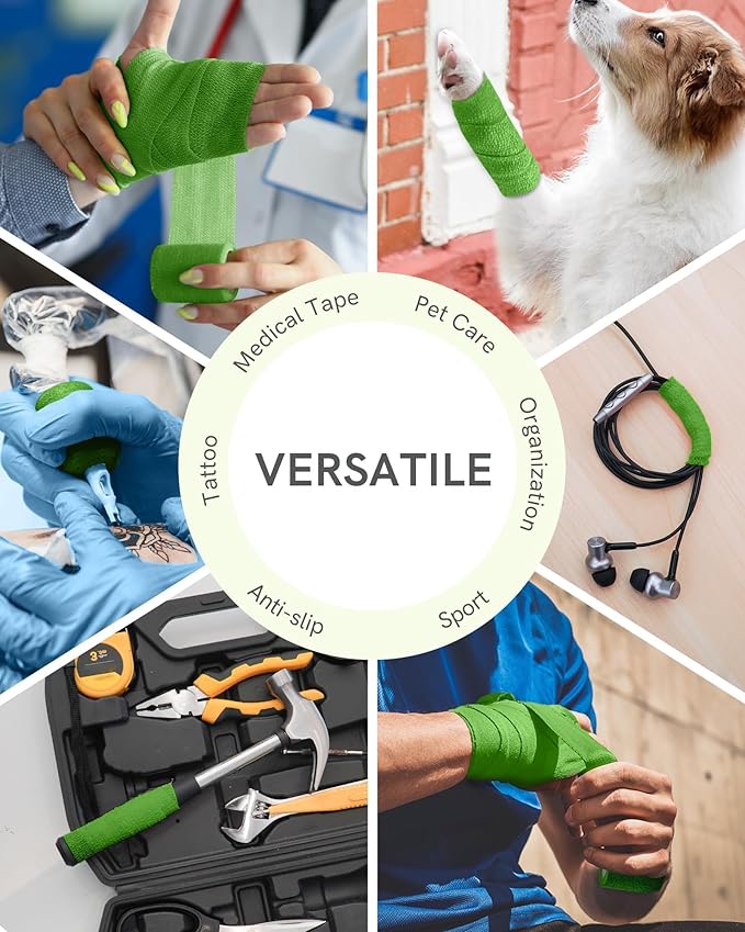 FriCARE Self Adhesive Bandage Wrap, Medical Tape in First Aid Kit, Cohesive Bandages for Wounds Sport Vet, FSA/HSA Eligible, 2 Inches X 5 Yards 6 Rolls, Emerald Green
