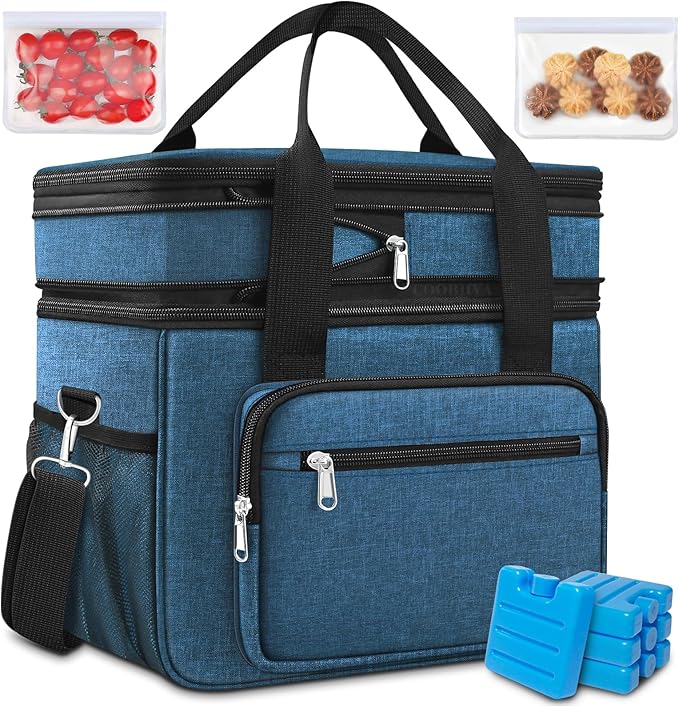 23L Extra Large Expandable Insulated Cooler Lunch Box for Men Double Deck Leakproof Heavy Duty Lunch Bag with 4 Ice packs&2 Snack Bags for Adult/Construction/Women/Work/Picnic/Camping - Blue
