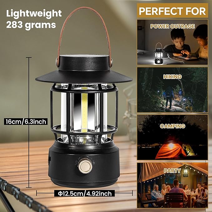 LED Camping Lantern, Solar Rechargeable Lantern Camping Lights with Side Lights, 1000LM Retro Style Portable Flashlight, IPX5 Waterproof Lanterns for Power Outages, Emergency, Hurricane, Hiking