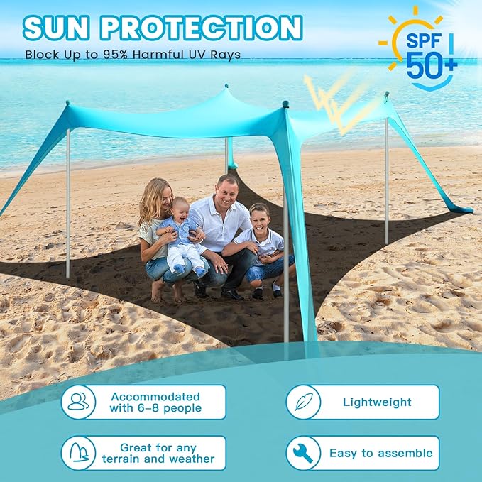 Beach Tent - Beach Shade UPF 50+ UV Protection, 9.8 x 9.8 FT, Anti-Wind with 4 Poles, 4 Windproof Ropes, 1 Portable Bag, Sun Shelter Perfect for Picnics
