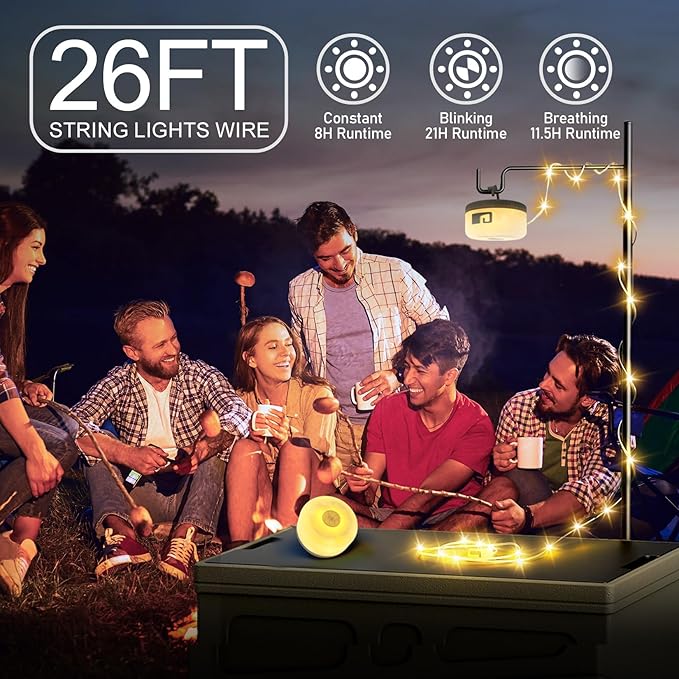 Camping String Lights Outdoor Warm Lighting,1500mAh USB Portable Rechargable Camping Lights String 26.2FT with 5 Lighting Modes,Waterproof Camping Tent Lights for Party&Halloween(Green)