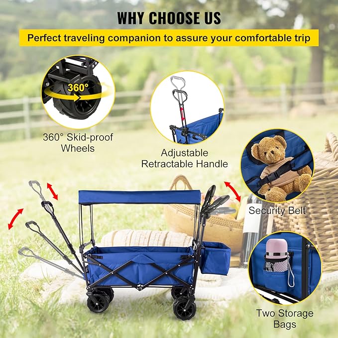 Happbuy Collapsible Wagon with Removable Canopy, 220lbs Heavy Duty Foldable Beach Wagon with Big Wheels
