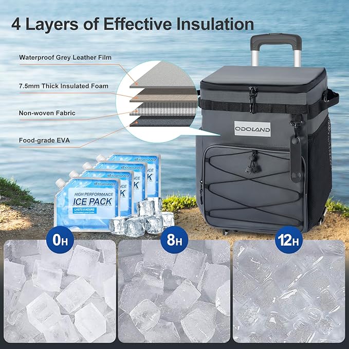 Odoland 48/72 Cans Soft Cooler with Wheels and Handle Collapsible Ice Chest Rolling Coolers on Wheels for Beach Camping Travel and Picnic