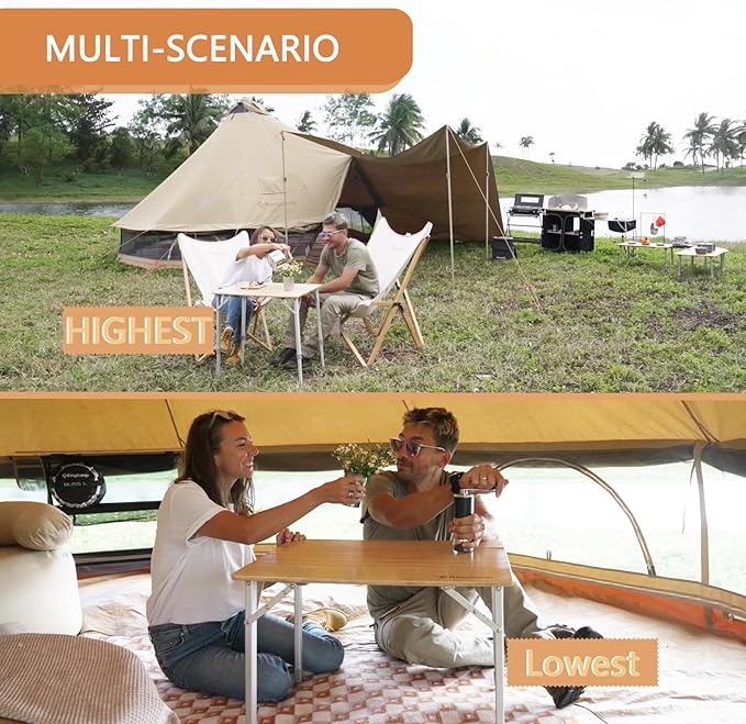 KingCamp Lightweight Stable Folding Camping Table Bamboo Outdoor Folding Tables Adjustable Height Portable Picnic