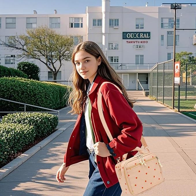 LOIDOU Lunch Box for Kids Girls Cute Corduroy Insulated Lunch Bag Thermal Meal Tote Reusable Lunch Pail Bags for School Travel ((Corduroy Strawberry Pink)